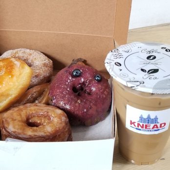 Knead Donuts & Tea - Creme Brulee, Glazed Cronut, Cinnamon Sugar Cronut, Blueberry, Tiger Tail, and Regular Vietnamese Iced Coffee (medium strength). 3/31/2021 - Donuts Near Me - Long Beach, California Knead Donuts & Tea - Creme Brulee, Glazed Cronut, Cinnamon Sugar Cronut, Blueberry, Tiger Tail, and Regular Vietnamese Iced Coffee (medium strength). 3/31/2021 - Donuts Near Me - Long Beach, California
