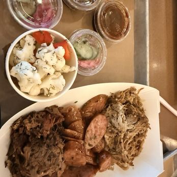 The Exchange Hall - BBQ Charcuterie (Pulled Brisket, Sausage, Pulled pork, pickled vegetables and bbq sauce) - Food Court Near Me - Dallas, Texas