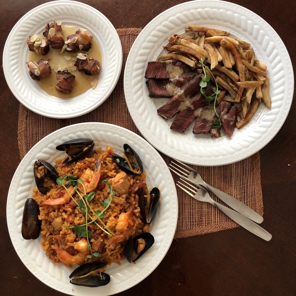 Tapas at Embrujo - Paella Bomba for one and Tapas Bacon Wrapped Dates and Solomillo al Whiskey (Beef Tenderloin). My takeout plated at home - Tapas/Small Plates Near Me - Toronto, Ontario Tapas at Embrujo - Paella Bomba for one and Tapas Bacon Wrapped Dates and Solomillo al Whiskey (Beef Tenderloin). My takeout plated at home - Tapas/Small Plates Near Me - Toronto, Ontario