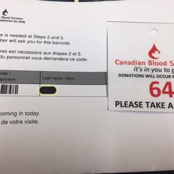 Canadian Blood Services - That barcode sheet is used for questionnaire on medical history /any drug usage. And they call your number when it's ready.