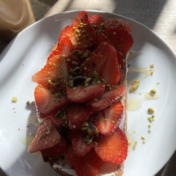 Case Study - Strawberry toast was really yummy! $9  Sourdough, cream cheese, strawberries, pistachios, lemon zest and agave - Coffee & Tea Near Me - Phoenix, Arizona