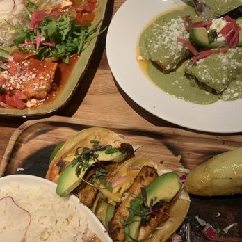 Sol Agave - Lobster Enchiladas (top left) , Enchiladas de Mariscos (top right) and Tacos Del Mar (bottom) - New Mexican Cuisine Near Me - Santa Monica, California Sol Agave - Lobster Enchiladas (top left) , Enchiladas de Mariscos (top right) and Tacos Del Mar (bottom) - New Mexican Cuisine Near Me - Santa Monica, California
