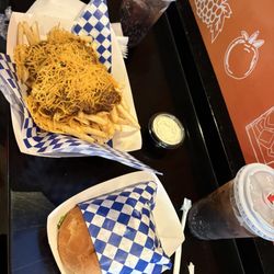 Chili cheese fries and single patty burger