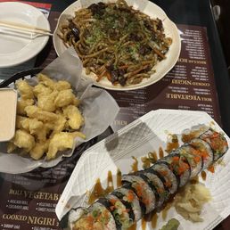 Rock and Roll, Beef Yaki Udon, and Popcorn Shrimp Tempura