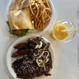 Steak Cuban Sandwich & Vaca Frita with Moro Rice and sweet plantains. Fresh mango juice. Steak Cuban Sandwich & Vaca Frita with Moro Rice and sweet plantains. Fresh mango juice.