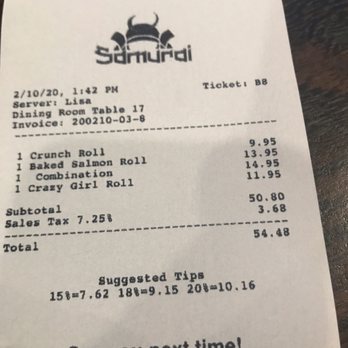 Samurai Sushi - Today's bill 02/10/2020 - Sushi Bars Near Me - Hanford, California Samurai Sushi - Today's bill 02/10/2020 - Sushi Bars Near Me - Hanford, California
