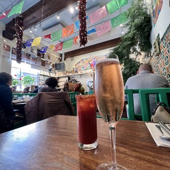 Cafe Pasqual's - NM Gruet bubbly & a Bloody Mary! Chin-chin!!! - Vegetarian Near Me - Santa Fe, New Mexico