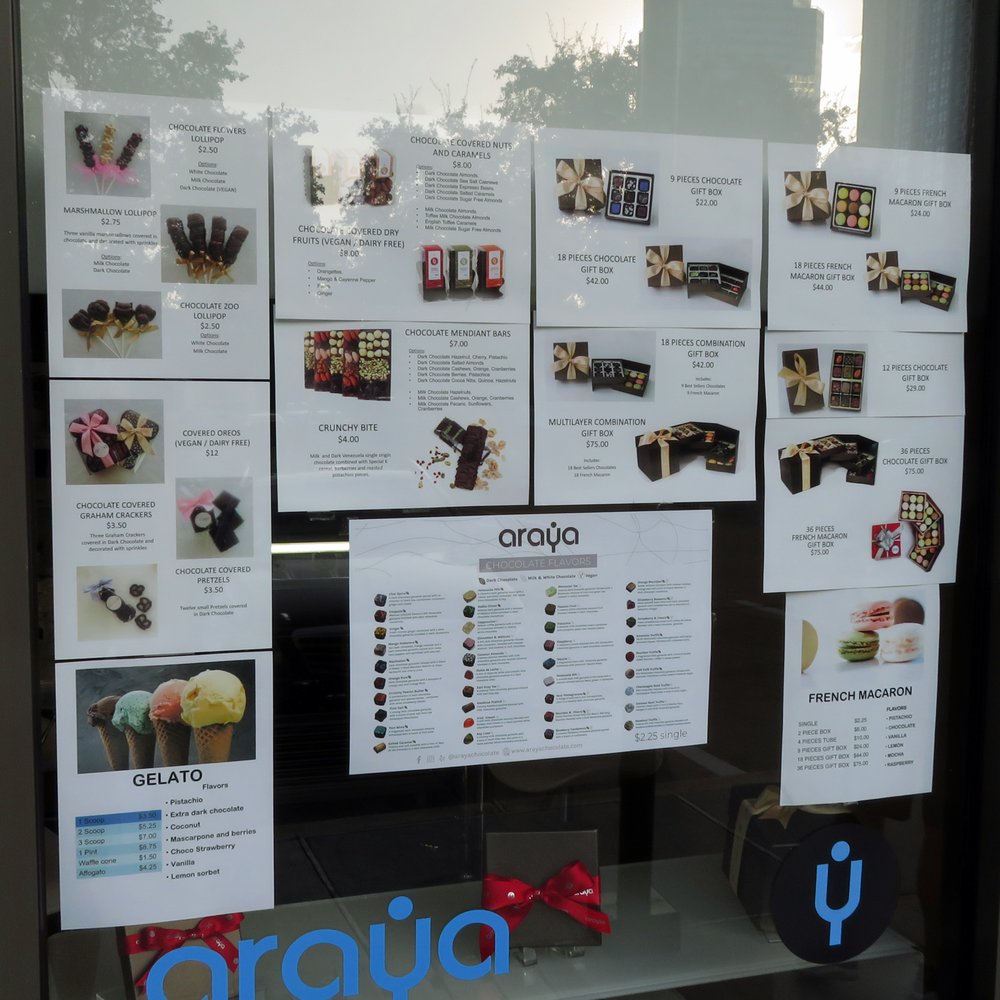 Araya Artisan Chocolate - menus on a window - Chocolatiers & Shops Near Me - Houston, Texas Araya Artisan Chocolate - menus on a window - Chocolatiers & Shops Near Me - Houston, Texas
