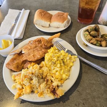 Lizard's Thicket - Fried flounder, mac and cheese, fried okra, cream corn and rolls with a sweet tea. - Southern Near Me - Columbia, South Carolina