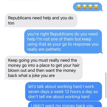 Frances Ray Jules Salon - A text exchange shows two individuals discussing political opinions, personal frustrations, and daily life topics. - Hair Salons Near Me - Boston, Massachusetts