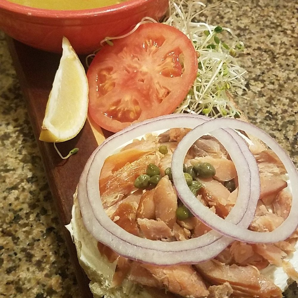 Colophon Cafe - Smoked salmon bagel (1/2) with split pea soup - Salad Near Me - Bellingham, Washington
