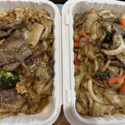 Bangkok Cuisine - Beef pad see ew on left and beef drunken noodles on right