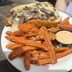 The Corner Pub and Grill - Chicken spedini sandwich & sweet potato fries