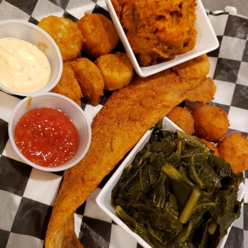 Fish N' Grill - Whiting fish + scallops meal with collard greens and yams - Seafood Near Me - Fredericksburg, Virginia Fish N' Grill - Whiting fish + scallops meal with collard greens and yams - Seafood Near Me - Fredericksburg, Virginia
