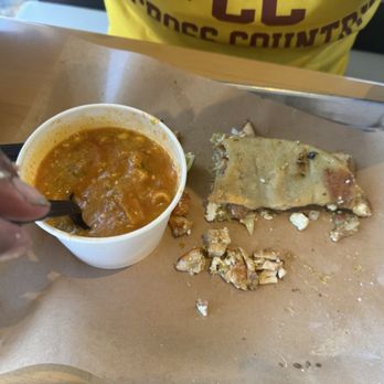 Cancun Juice - Good stuff  This is the tortilla soup with a half eaten huarache de pollo - Mexican Near Me - Tustin, California