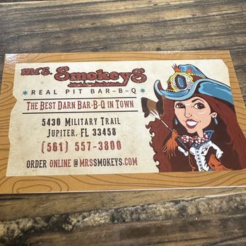 Mrs Smokeys Real Pit Bar-B-Q - Mrs Smokey's Real Pit BBQ Business Card - Barbeque Near Me - Jupiter, Florida Mrs Smokeys Real Pit Bar-B-Q - Mrs Smokey's Real Pit BBQ Business Card - Barbeque Near Me - Jupiter, Florida