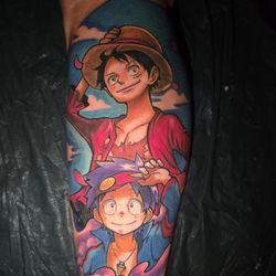 Full Color Luffy X Simon Quarter Sleeve Tattoo