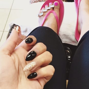 Lavish Nails - Acrylics with black and gold polish and a pedi done by Luna - Nail Salons Near Me - Vancouver, Washington