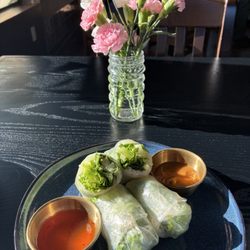 Veggie summer rolls. Homemade peanut and chili Thai sweet sauce. Not bad. Very fresh.