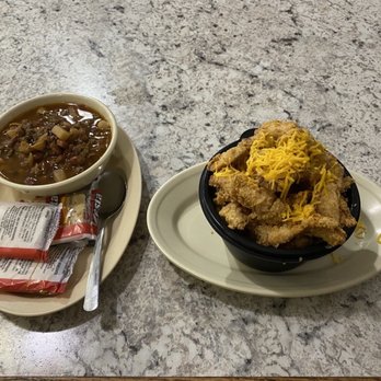 June's Restaurant - A cup of cowboy stew and the boneless bowl (the potatoes and gravy and corn are under that mountain of chicken). YUM!! - New American Near Me - Checotah, Oklahoma