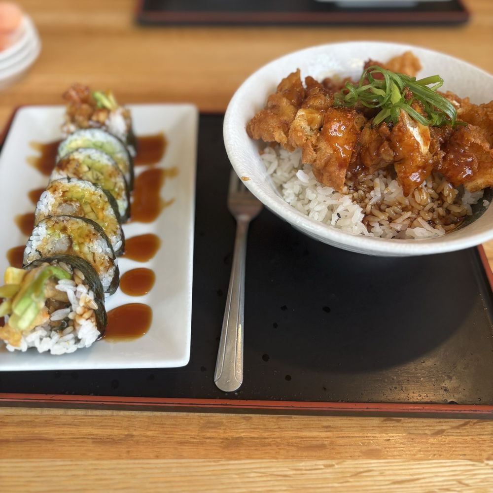 Spicy Crispy Chicken Rice Bowl & Ebi Temp Namikaze Roll Spicy Crispy Chicken Rice Bowl & Ebi Temp Namikaze Roll