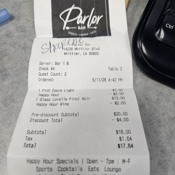 Parlor Bar - Receipt - Sports Bars Near Me - Whittier, California Parlor Bar - Receipt - Sports Bars Near Me - Whittier, California