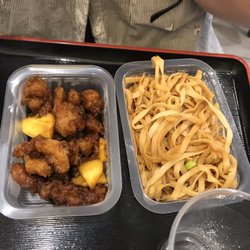 Goosushi - Sweet and sour chicken and sautéed noodles with legumes