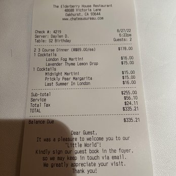 The Elderberry House - Prices. Notice the service charge. Menu says it goes directly to staff, so why not just call it gratuity? - French Near Me - Oakhurst, California The Elderberry House - Prices. Notice the service charge. Menu says it goes directly to staff, so why not just call it gratuity? - French Near Me - Oakhurst, California
