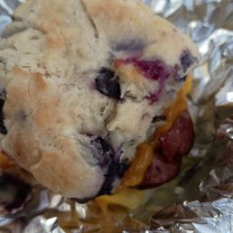 Blueberry biscuits with egg, cheese and smoked sausage
