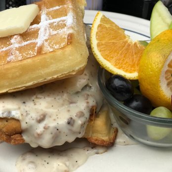 The Hideout Kitchen - #thewafflesandwich with a side of fruit! Waffles were fluffy and the chicken fried steak with smothered gravy was delectable. - New American Near Me - Lafayette, California The Hideout Kitchen - #thewafflesandwich with a side of fruit! Waffles were fluffy and the chicken fried steak with smothered gravy was delectable. - New American Near Me - Lafayette, California