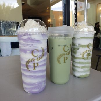 Cafe Pruvia - From left to right: Taro Swirl, Lavendar Matcha Latte, Matcha Swirl (all of them amazing 10/10) - Bubble Tea Near Me - Gardena, California Cafe Pruvia - From left to right: Taro Swirl, Lavendar Matcha Latte, Matcha Swirl (all of them amazing 10/10) - Bubble Tea Near Me - Gardena, California