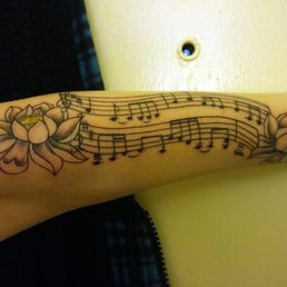 Song:  "Right Where I Belong" by Tracy Stark, tattoo of it with lotuses by Elly.