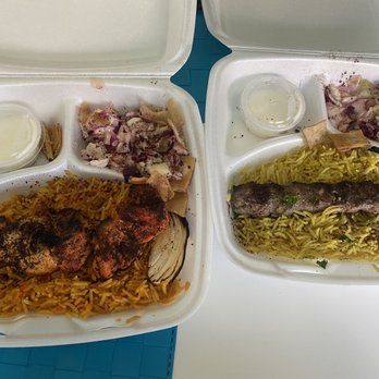 Taza Food Style - Shish Tawook on Spicy Rice (left) Beef kebab on Regular Rice (right) - Mediterranean Near Me - Cypress, Texas Taza Food Style - Shish Tawook on Spicy Rice (left) Beef kebab on Regular Rice (right) - Mediterranean Near Me - Cypress, Texas