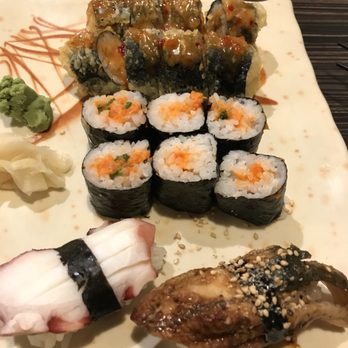 Seki Noodlehouse - Top to bottom: Spicy Fried Tuna Roll, Spicy Salmon Roll, Tako, and Unagi. - Sushi Bars Near Me - Kelowna, British Columbia Seki Noodlehouse - Top to bottom: Spicy Fried Tuna Roll, Spicy Salmon Roll, Tako, and Unagi. - Sushi Bars Near Me - Kelowna, British Columbia