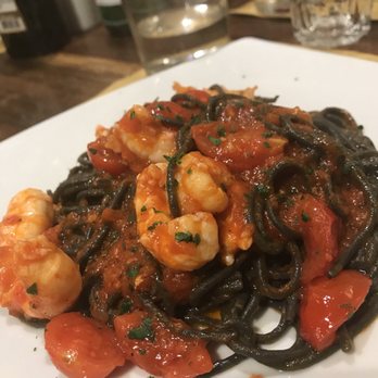 Osteria Mocenigo - Nero spaghetti with shrimp and grape tomatoes - Italian Near Me - Venezia, VE Osteria Mocenigo - Nero spaghetti with shrimp and grape tomatoes - Italian Near Me - Venezia, VE