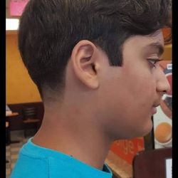 Dente's Barber Shop - Men's/ boy's regular - Trim off the top with sheers, square sideburns, tapered neckline,