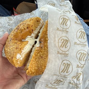 Manhattan Bagel - Jalapeño Cheddar Bagel with cream cheese - Bagels Near Me - Vienna, Virginia Manhattan Bagel - Jalapeño Cheddar Bagel with cream cheese - Bagels Near Me - Vienna, Virginia