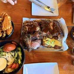 "Baby Sweats" w/ribs, pulled pork, tri-tip, dry rubbed wings, and grilled chicken, Dr. Pepper baked beans (the bomb), waffle fries!