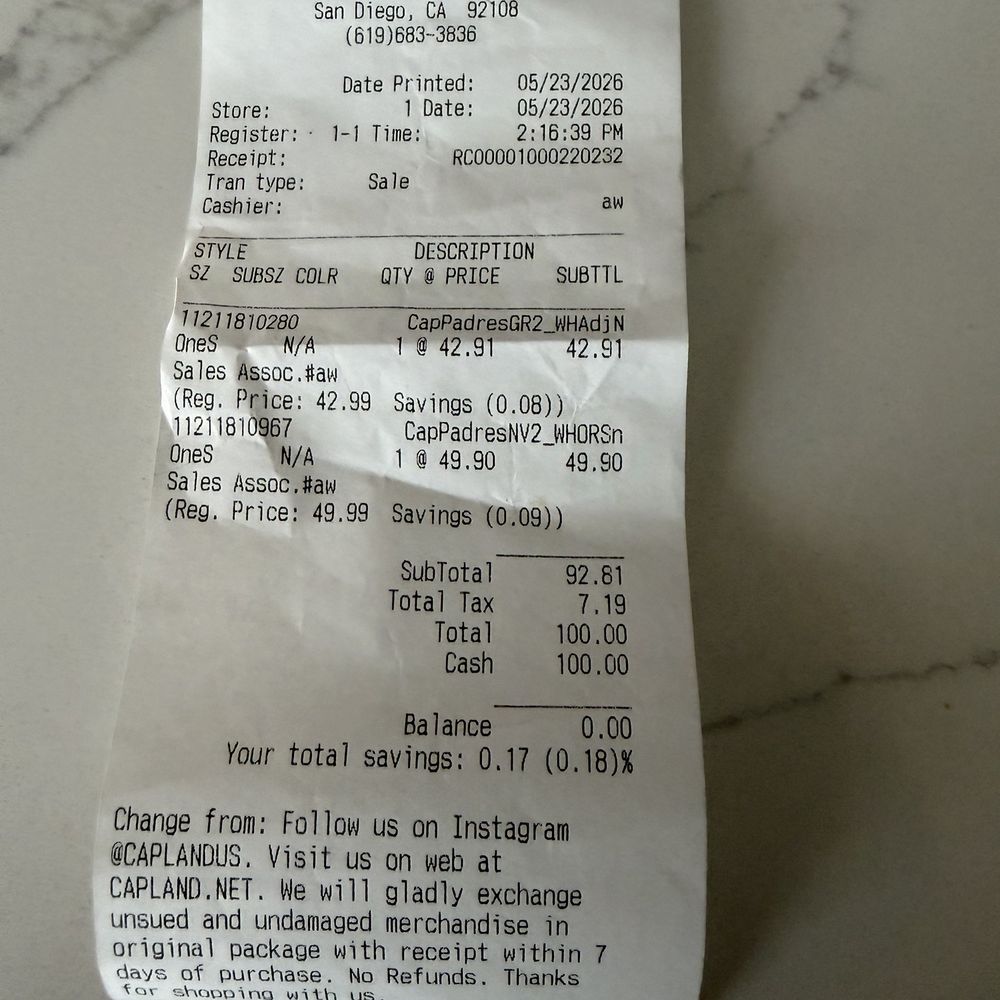 Capland - receipt - Sports Wear Near Me - San Diego, California Capland - receipt - Sports Wear Near Me - San Diego, California