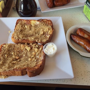 Surfside West Diner - Macadamia French Toast (too much sugar topping) and a serving of sausage. - Breakfast & Brunch Near Me - Wildwood, New Jersey