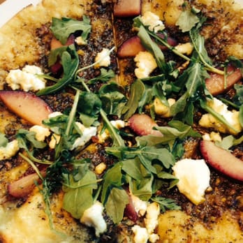 Cafe Flora - Plum, Rockett and Ricotta Pizza with Pistachio Pesto (GF) - Vegetarian Near Me - Seattle, Washington Cafe Flora - Plum, Rockett and Ricotta Pizza with Pistachio Pesto (GF) - Vegetarian Near Me - Seattle, Washington