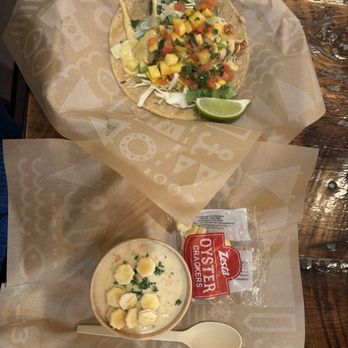 Fish District - Clam chowder and Mahi Mahi taco - yum! - Fish & Chips Near Me - Solana Beach, California