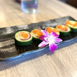 Neko Sushi - Green Garden Roll: cucumber wrap w/ salmon, tuna, hamachi, avocado, crabmeat