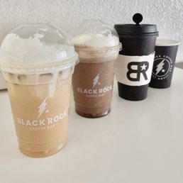 From left to right: Iced Caramel Blondie, Blended Oreo, Hot Americano, and a Pup Cup.