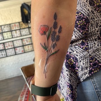 Sacrament Tattoo - Lavender and California Poppy sprigs. (Covered with a sani-derm) - Tattoo Near Me - Austin, Texas Sacrament Tattoo - Lavender and California Poppy sprigs. (Covered with a sani-derm) - Tattoo Near Me - Austin, Texas