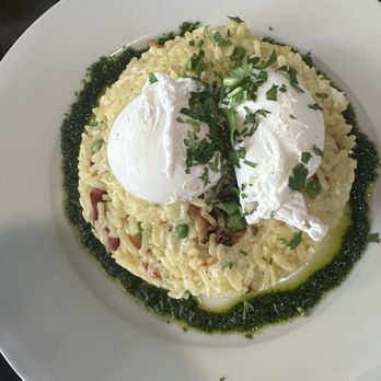 Blu Jam Cafe - Brunch carbonara (before I poked the poached eggs) - Breakfast & Brunch Near Me - Sherman Oaks, California