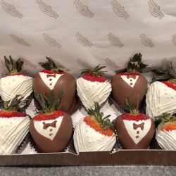 Rocky Mountain Chocolate Factory - Special order bride and groom chocolate covered strawberries! Beautiful and delicious.