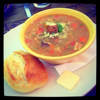 Nepenthe - Homemade Split Pea and Vegetable Soup with Bacon and Pesto - New American Near Me - Big Sur, California