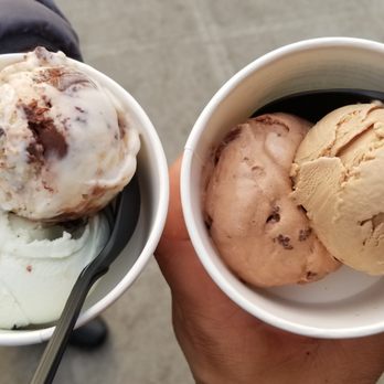 Salt & Straw - Left to Right: Almond Brittle & Coconut Mint Chip and Gooey Brownie & Elm Coffee and Westland Whiskey - Ice Cream & Frozen Yogurt Near Me - Seattle, Washington