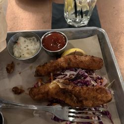 501 at the Yacht Club - 2 pieces of fish. Both the width of my thumb and the other piece was the size of my pinkie finger and all batter.